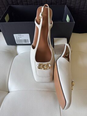 Maje Cream Leather Chain-Trim Slingback Mules